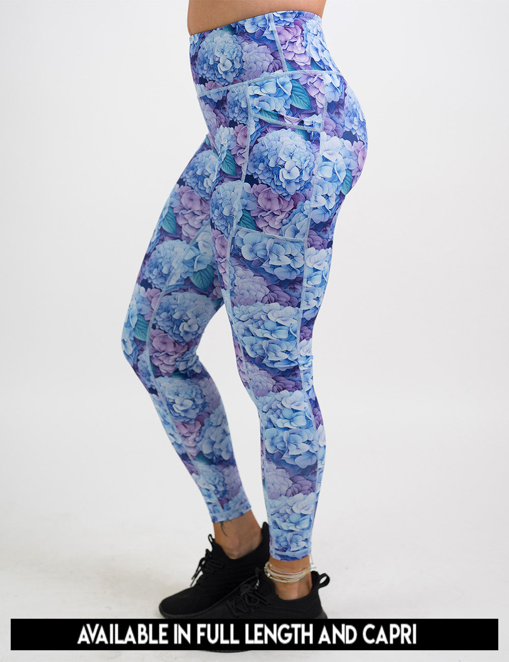 available lengths for the pastel blue and purple hydrangea flower pattern leggings, lengths include full length and capri