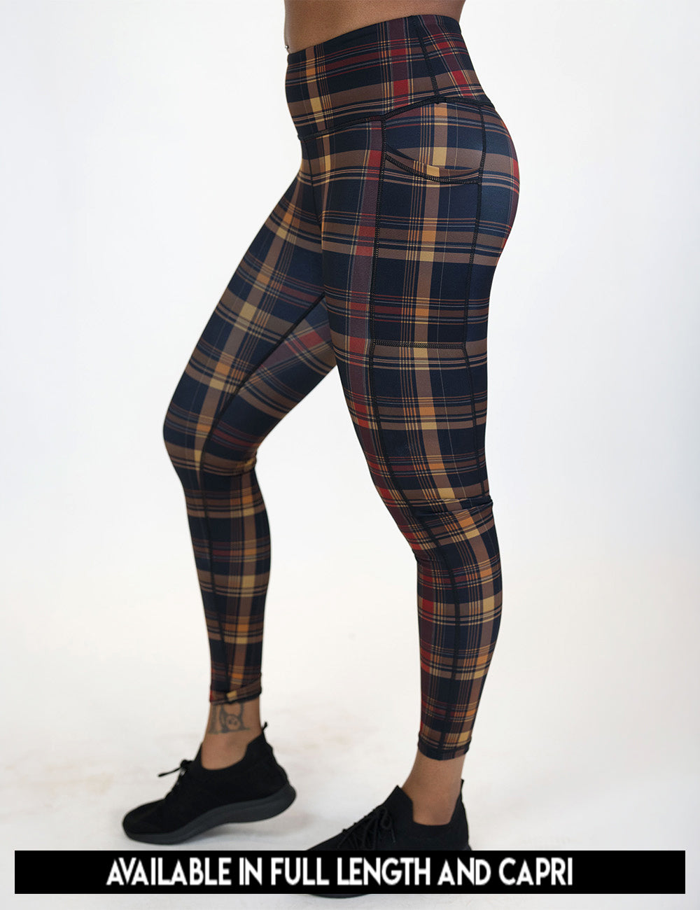 available lengths for the red, black, and gold plaid leggings, lengths include full length and capri