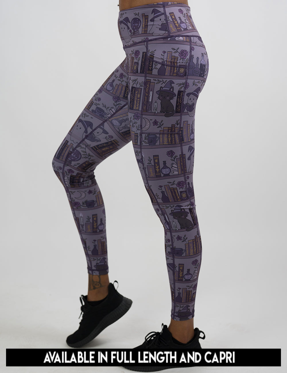 available lengths for the ghosts and cats book shelves leggings, available in full length and capri