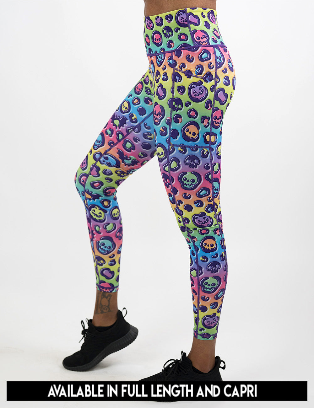 available lengths for the rainbow leopard print pumpkins and skulls leggings lengths include full length and capri