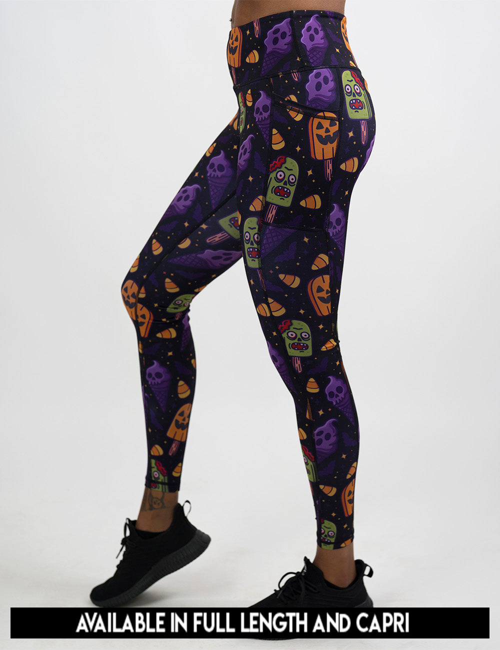 available lengths for the zombie, jack o lantern, and ghost ice cream's leggings, lengths include full length and capri