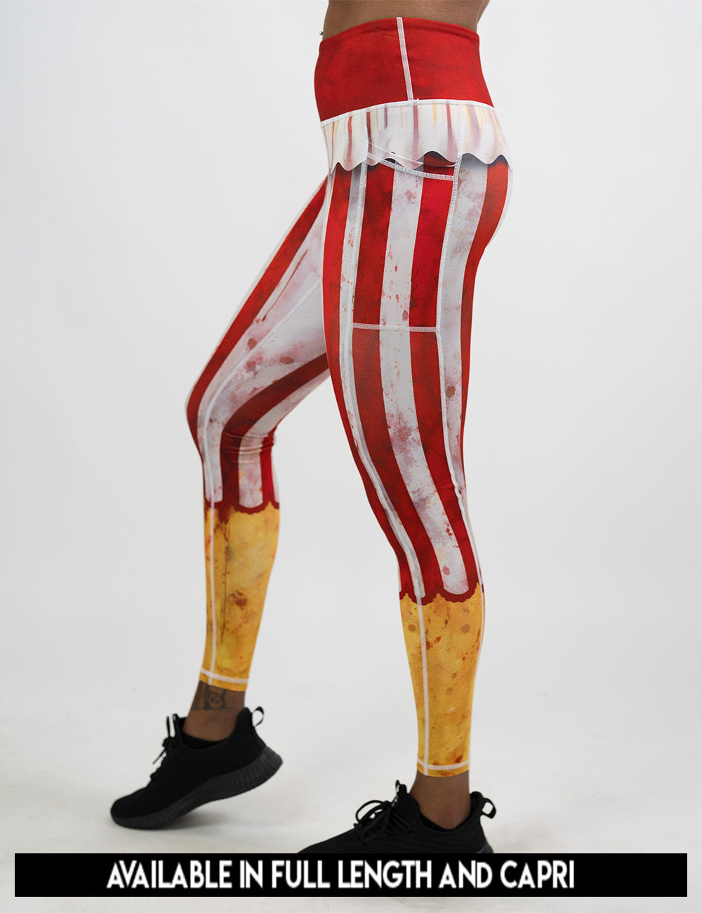 available lengths for the bloody red and white stripes circus leggings, lengths include full length and capri