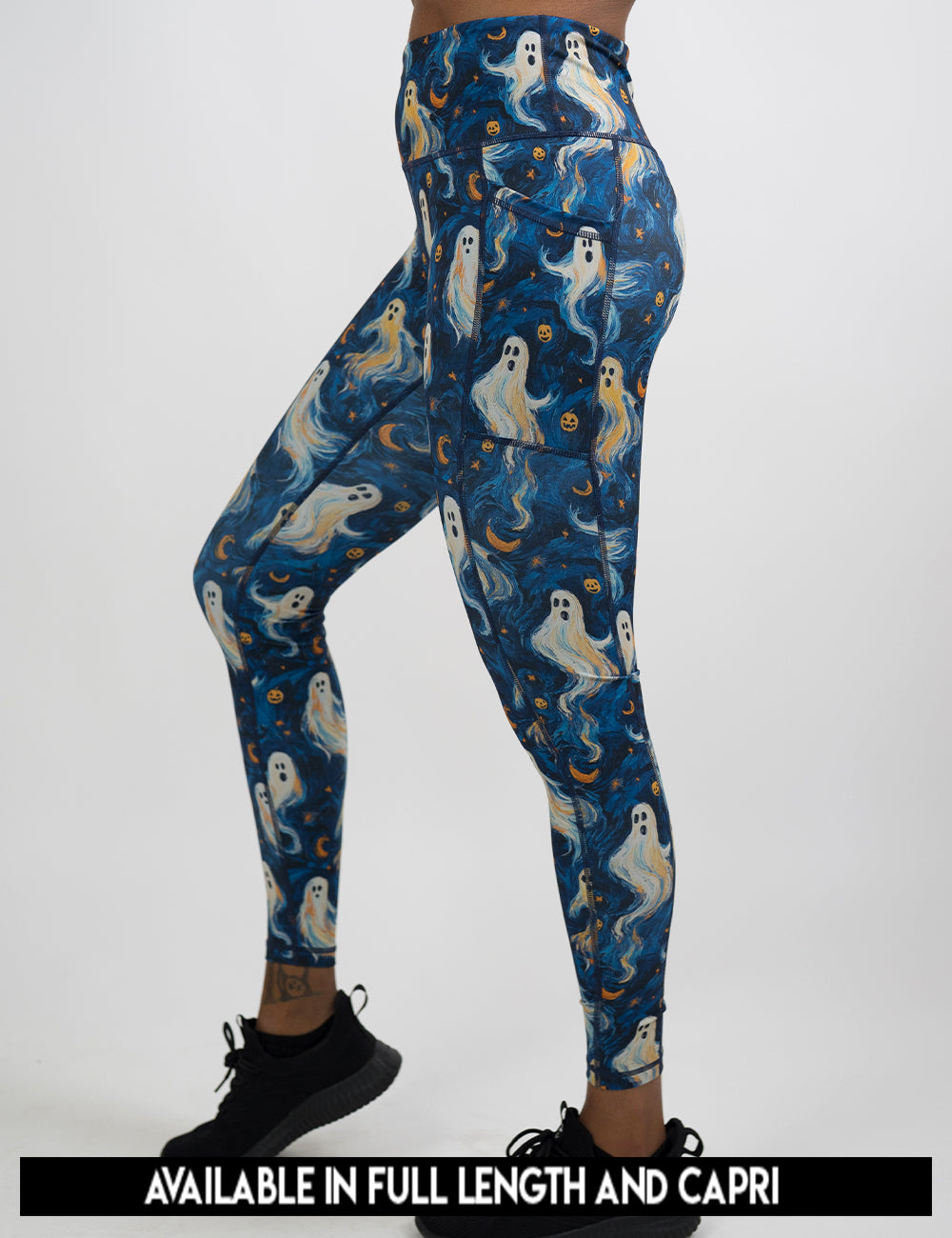 available lengths for the starry night ghosts against a blue background pattern leggings, lengths include full length and capri