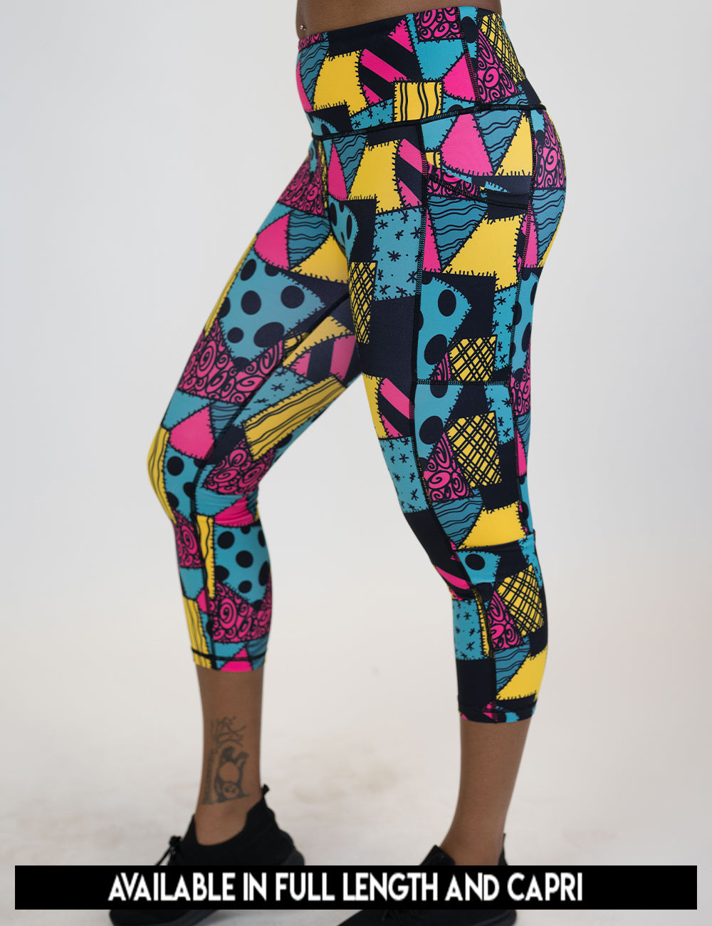 available lengths for the yellow, teal, and pink patchwork design leggings, lengths include full length and capri