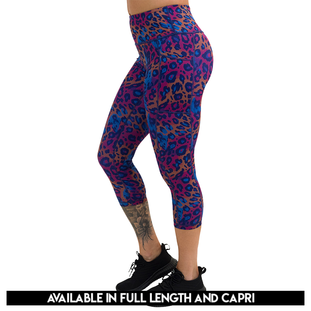 available lengths for the cheetah print against a yellow, blue, and purple background pattern leggings, lengths include full length and capri
