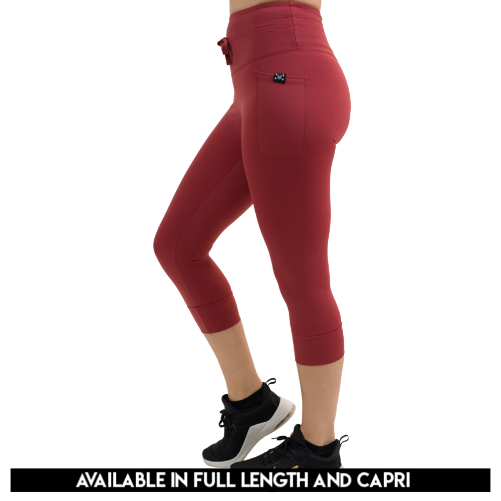 available lengths for the omni garnet red leggings, lengths include full length and capri