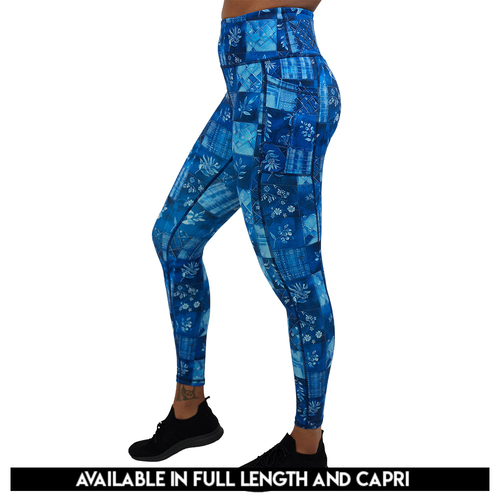 available sizes for the blue patch work pattern with plant designs leggings against a white background, sizes include full length and capri