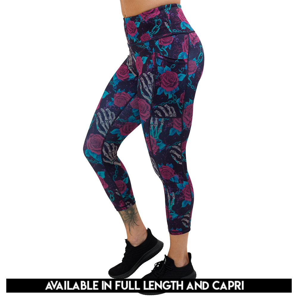 available lengths for the roses and skeleton hands connected by chain links pattern leggings, lengths include full length and capri