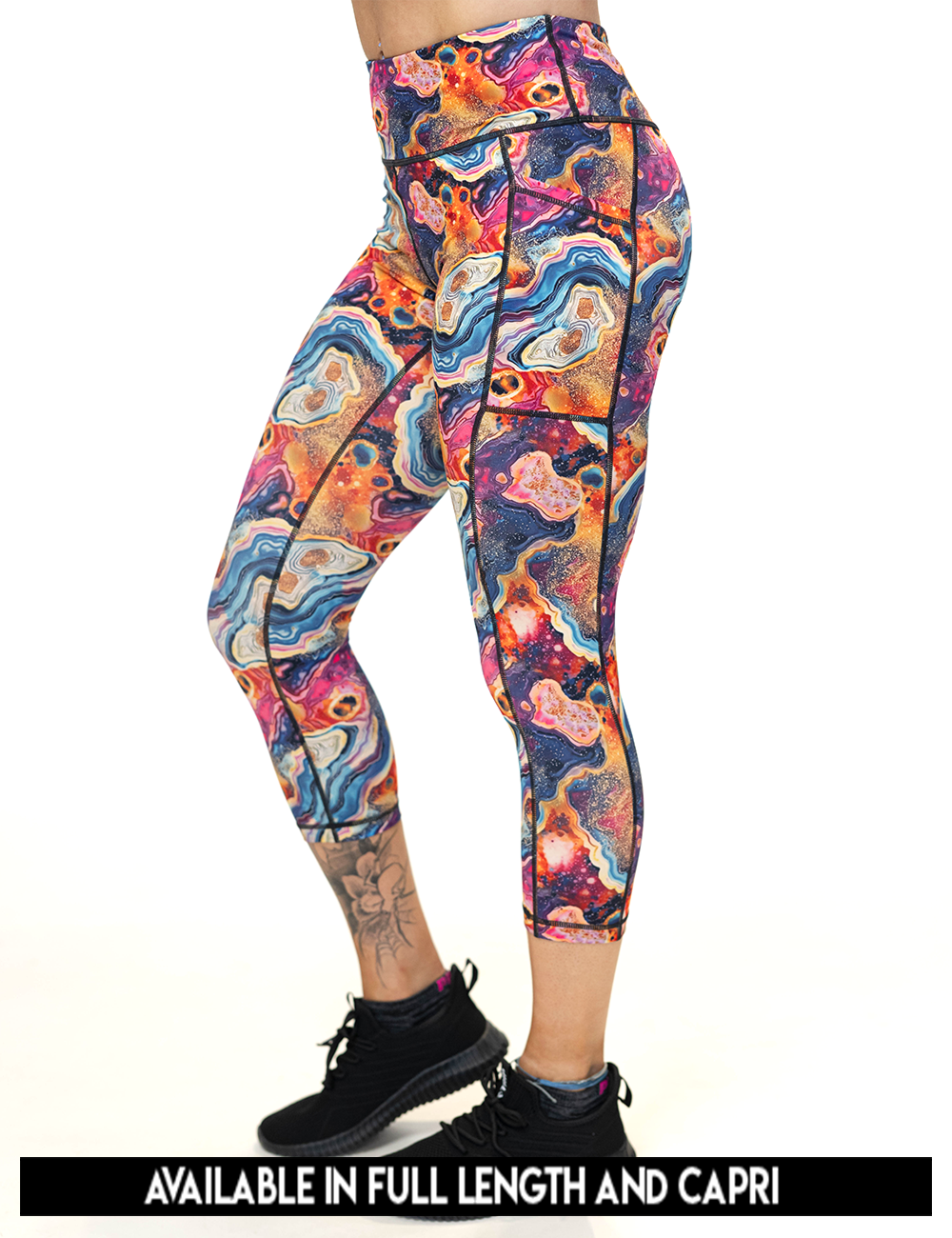 available lengths for the colorful marble pattern leggings, lengths include full length and capri