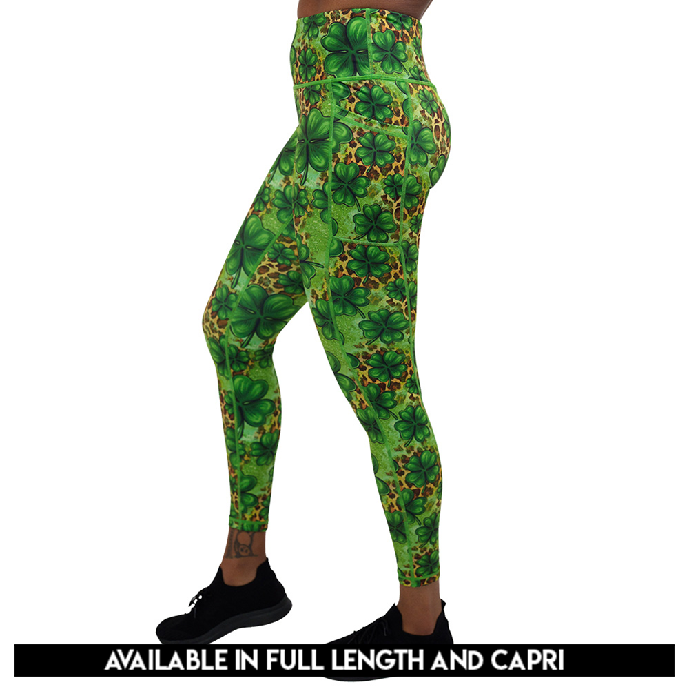 available lengths for the clover pattern against a cheetah print and green background leggings, lengths include full length and capri