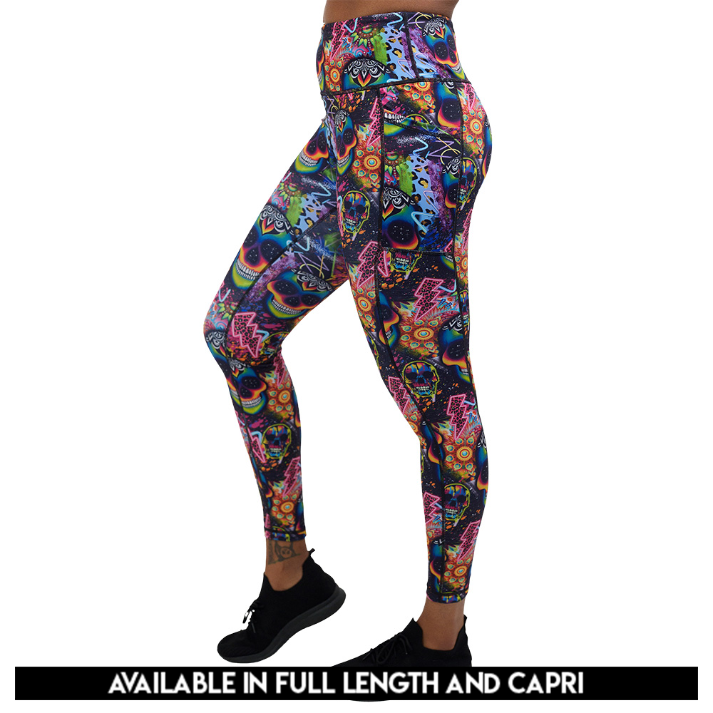 available lengths for the brightly colored psychedelic skulls pattern against a busy background full of designs leggings, lengths include full length and capri