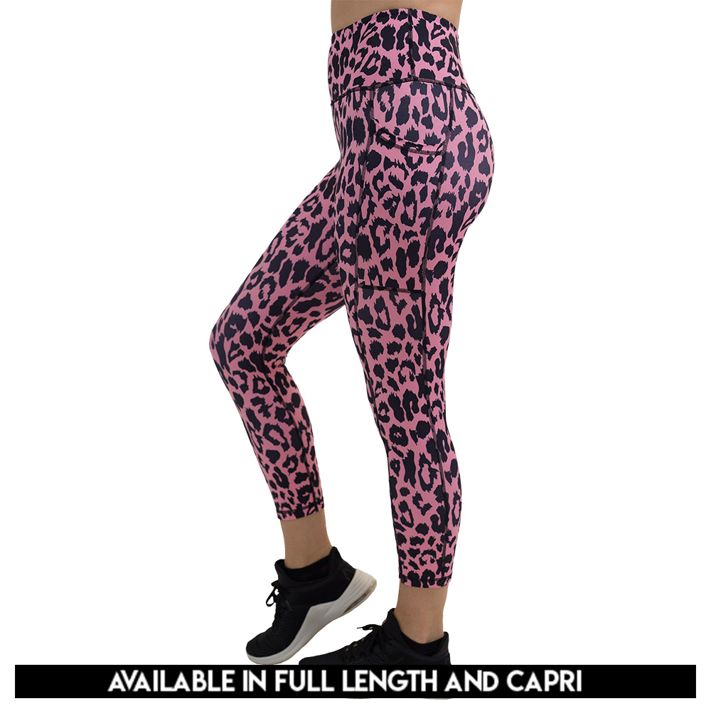 available lengths for the pink leopard print leggings, lengths include full length and capri