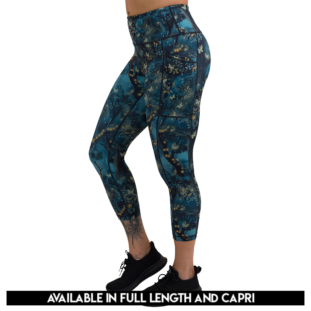 forest filled with firefly's pattern leggings available lengths, lengths include full length and capri