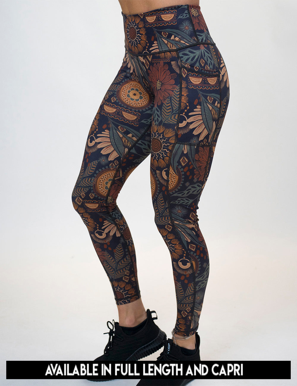 available lengths for the paisley flowers leggings, lengths include full length and capri