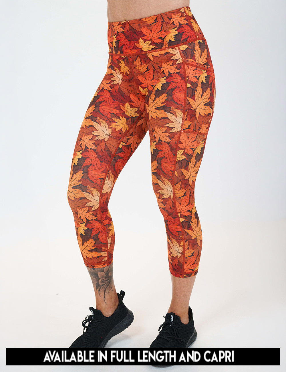 available lengths for the orange leaves leggings, lengths include full length and capri