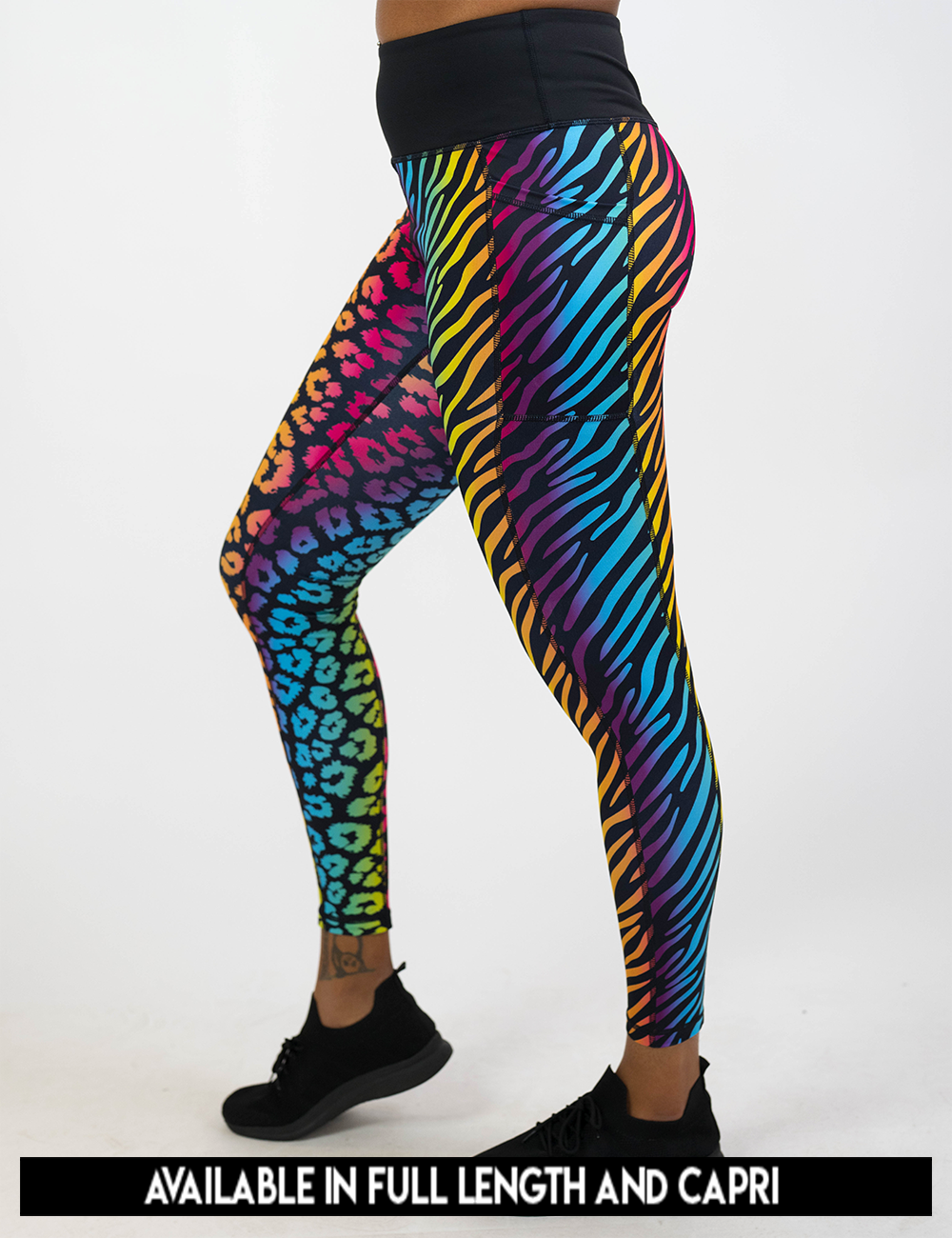 available lengths for the zebra and leopard rainbow print leggings, lengths include full length and capri