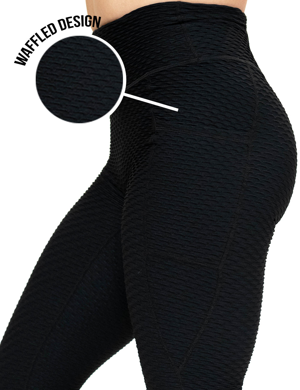front of the black waffled texture leggings against a white background
