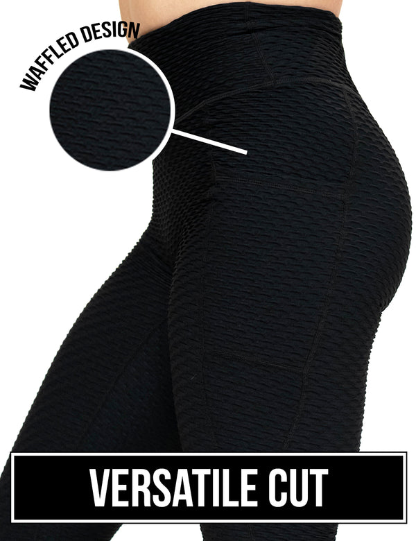 front of the black waffled texture versatile cut leggings against a white background, surprise drop