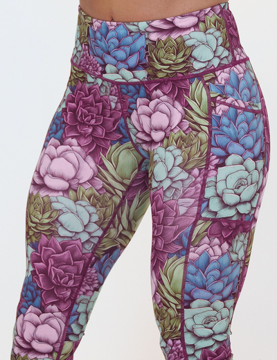 close up of the succulent flowers leggings facing the front against a white background