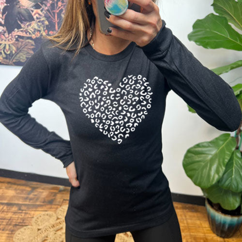 heather black long sleeve shirt with the graphic of a large heart made up of leopard print