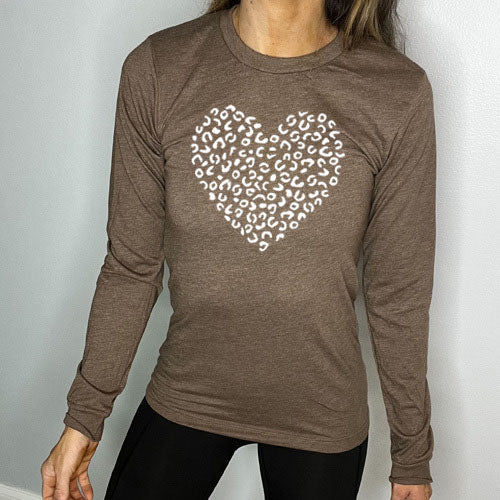 brown long sleeve shirt with a white leopard heart design