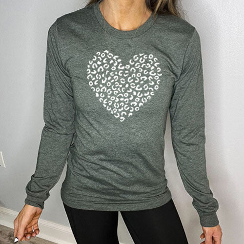 forest green long sleeve shirt with a white leopard heart design