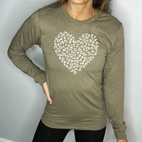 olive green long sleeve shirt with a white leopard heart design