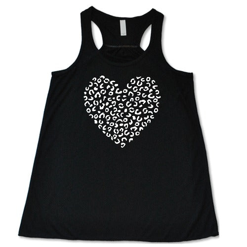 white leopard heart design on a black racerback tank top