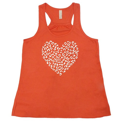 white leopard heart design on a coral racerback tank top