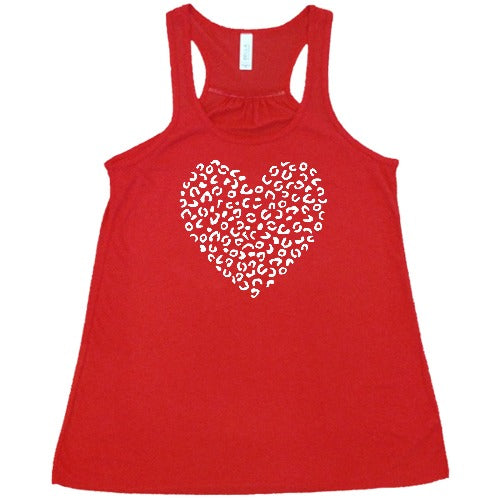 white leopard heart design on a red racerback tank top