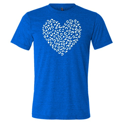 white leopard heart design on a blue unisex shirt
