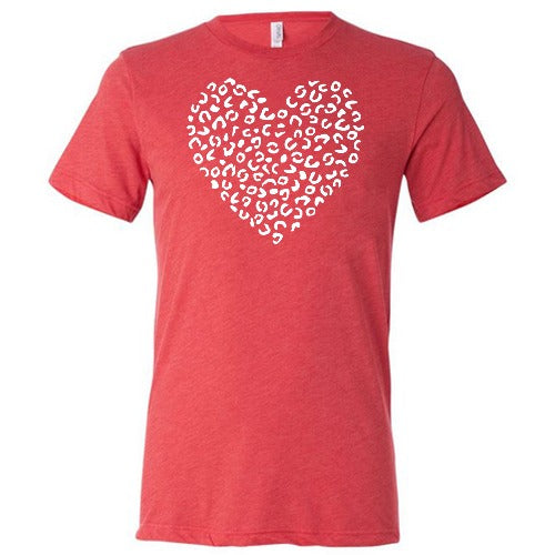 white leopard heart design on a red unisex shirt