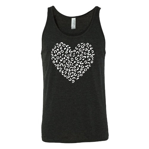 white leopard heart design on a black unisex tank top