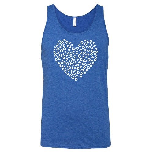 white leopard heart design on a blue unisex tank top