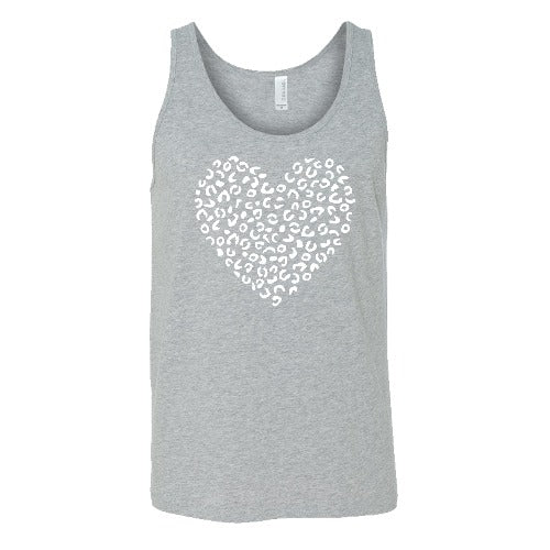 white leopard heart design on a grey unisex tank top