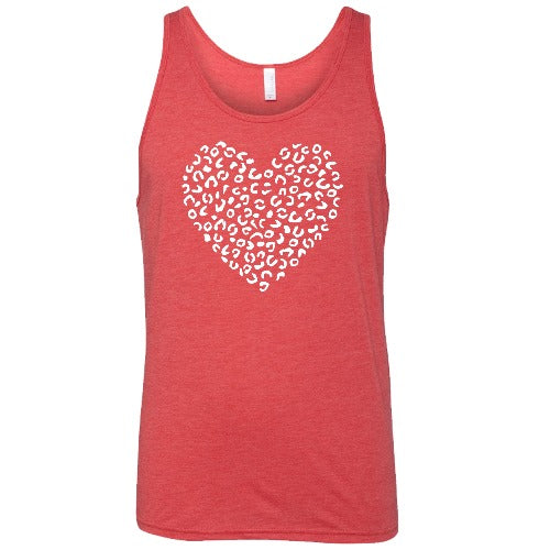 white leopard heart design on a red unisex tank top