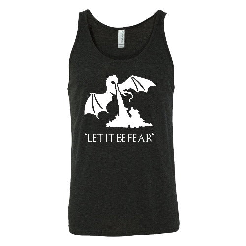 black unisex shirt with a white dragon graphic and the saying "Let It Be Fear" on it in white