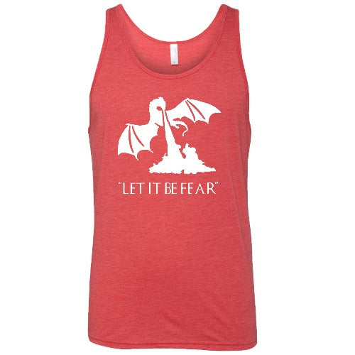 red unisex shirt with a white dragon graphic and the saying "Let It Be Fear" on it in white