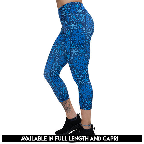 blue snowflake patterned leggings available in full length and capri