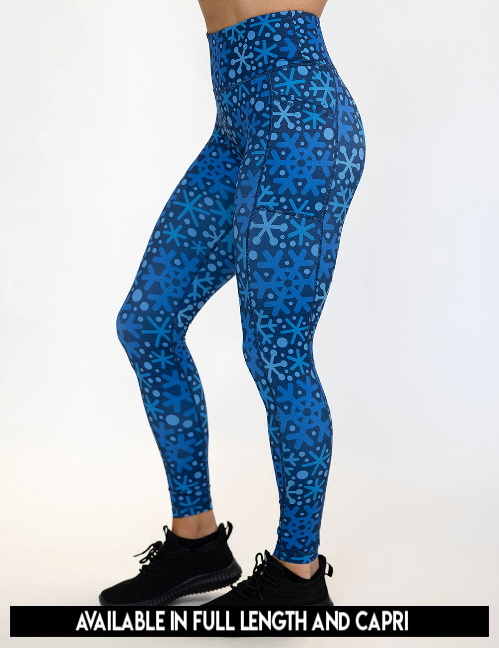 available lengths for the blue snowflakes on a dark blue background leggings, lengths include full length and capri