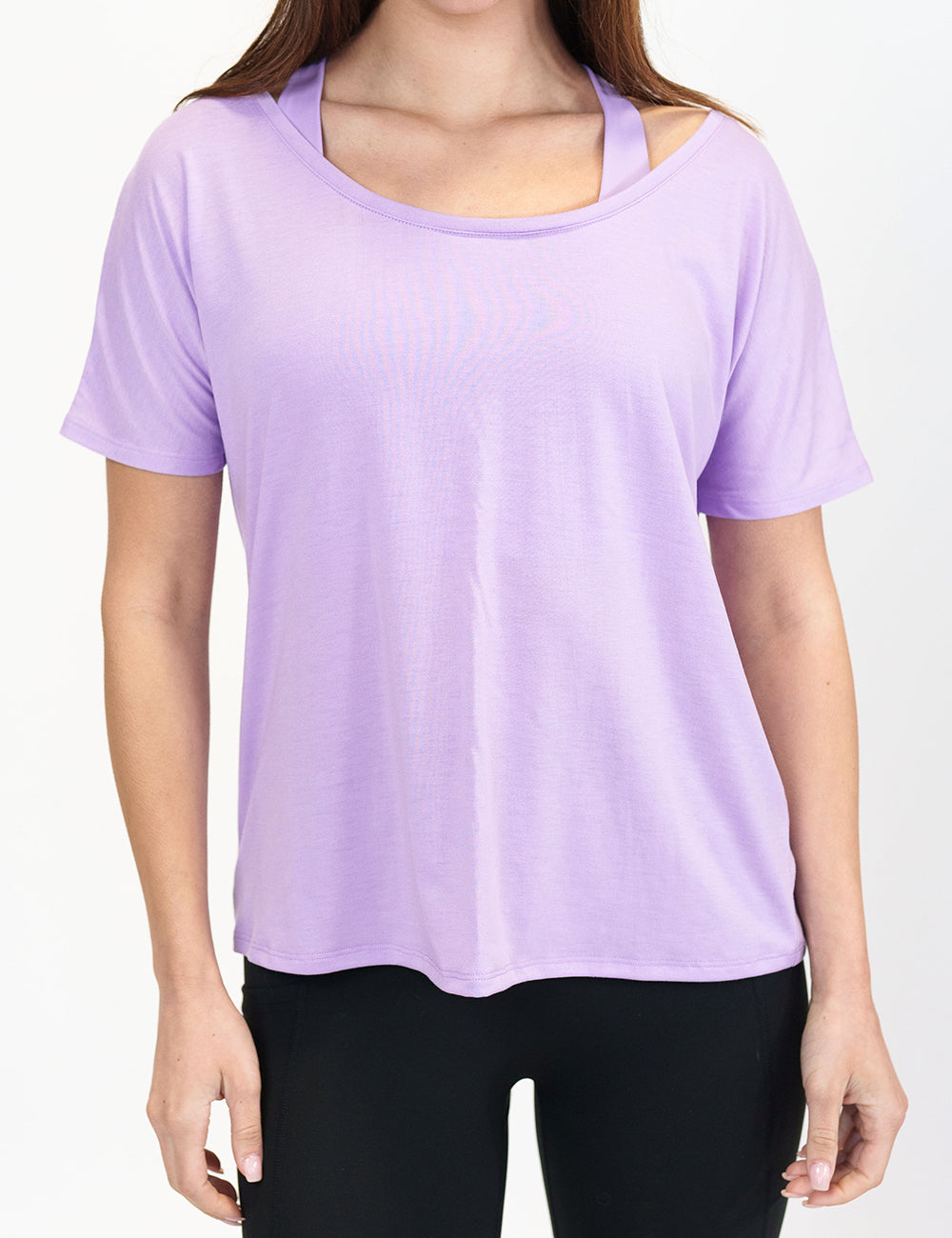 model wearing a light purple slouchy tee