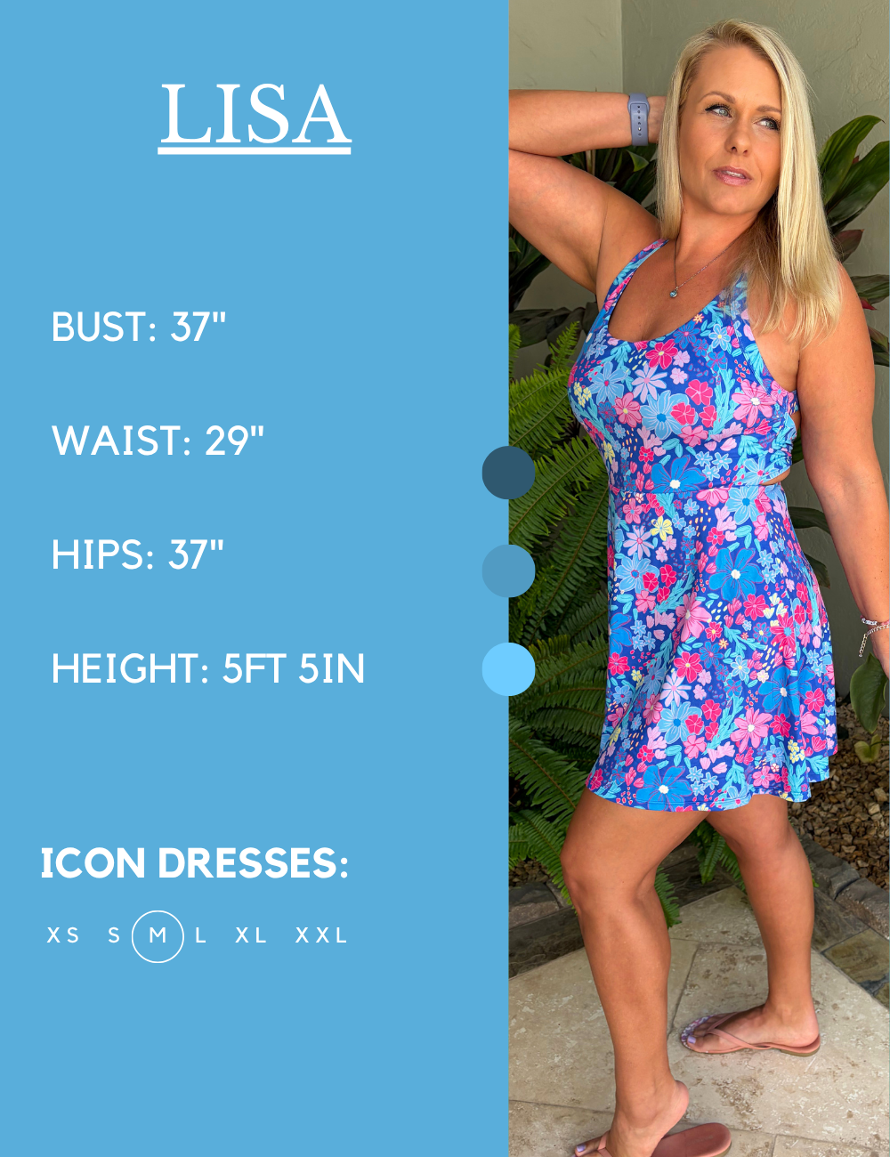Model’s measurements of 37” bust, 29” waist, 37” hips and height of 5 ft 5 inches. She is wearing a size medium in our icon dress