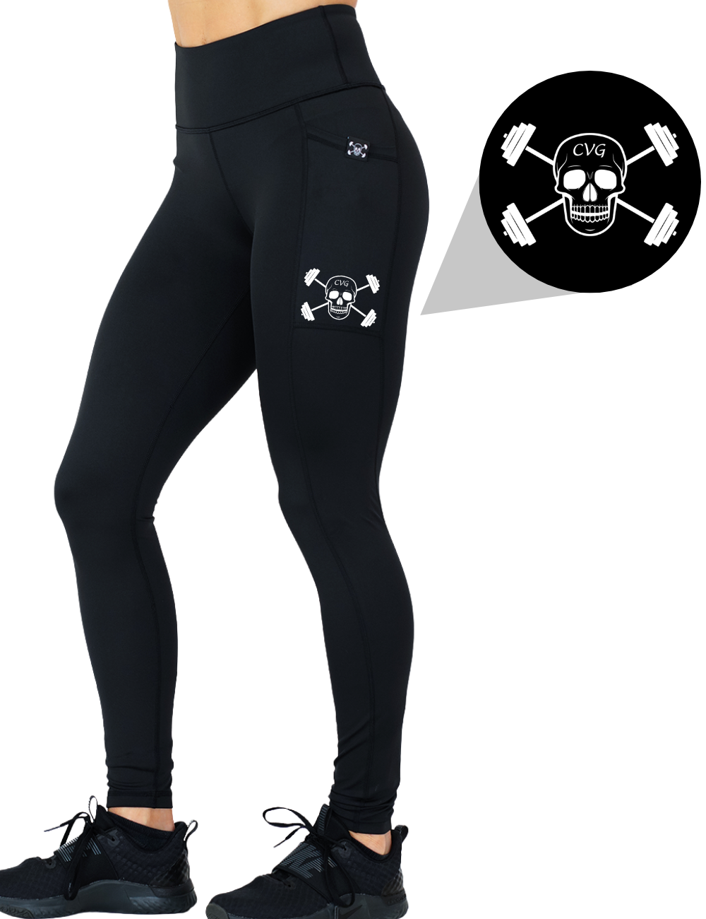 model wearing the cvg skull and barbell full length solid black leggings against a white background