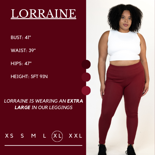 Model's measurements of 41 inch bust, 39 inch waist, 47 inch hips, and height of 5 foot 9 inches. She is wearing a size extra large in these leggings.