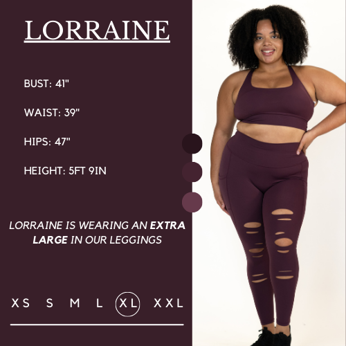 Model's measurements of 41 inch bust, 39 inch waist, 47 inch hips, and height of 5 foot 9 inches. She is wearing a size extra large in these leggings.