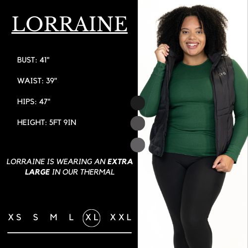 graphic showing the model's measurements - Her bust is 41 inches, waist is 39 inches, hips are 47 inches, and height is 5 feet and 9 inches.