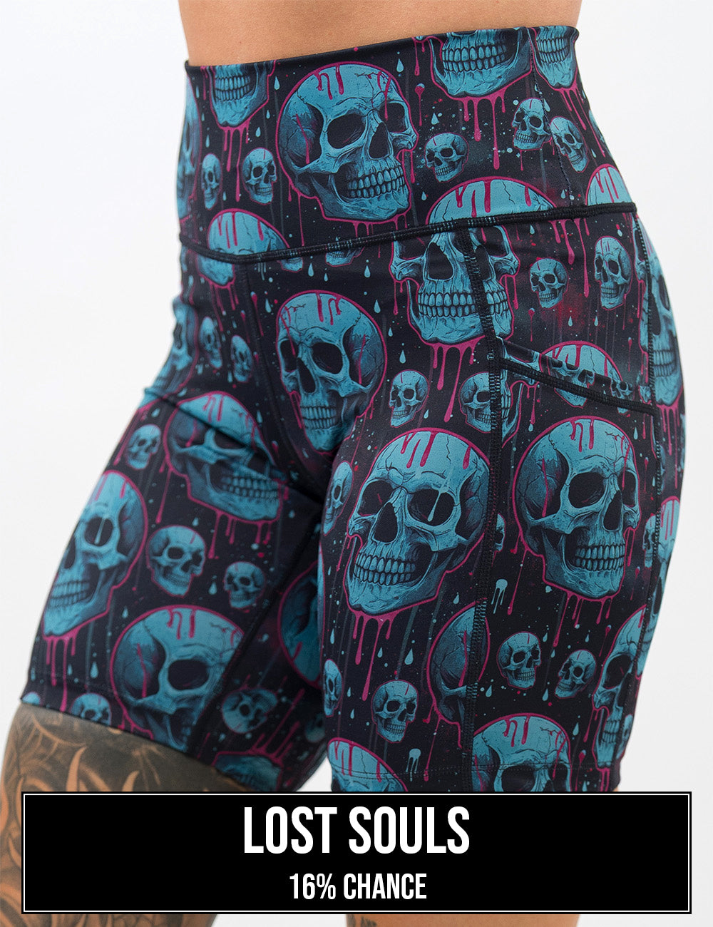 front of the blue skulls with pink drips print 7 inch shorts, the name of this print is lost souls and it has a 16% chance of being unboxed