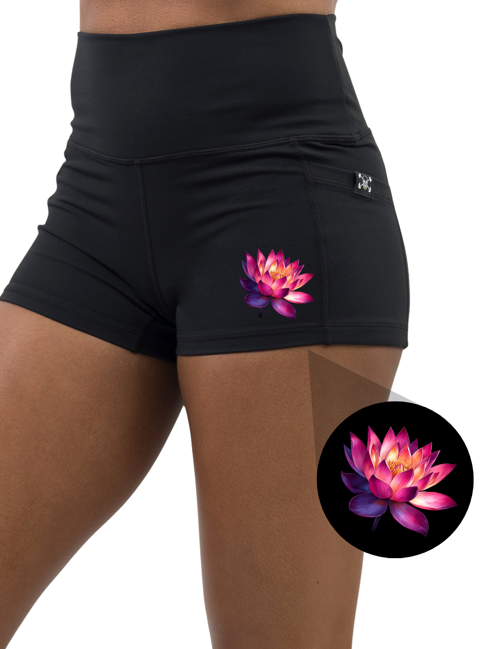 front of the lotus graphic 2.5 inch black shorts against a white background
