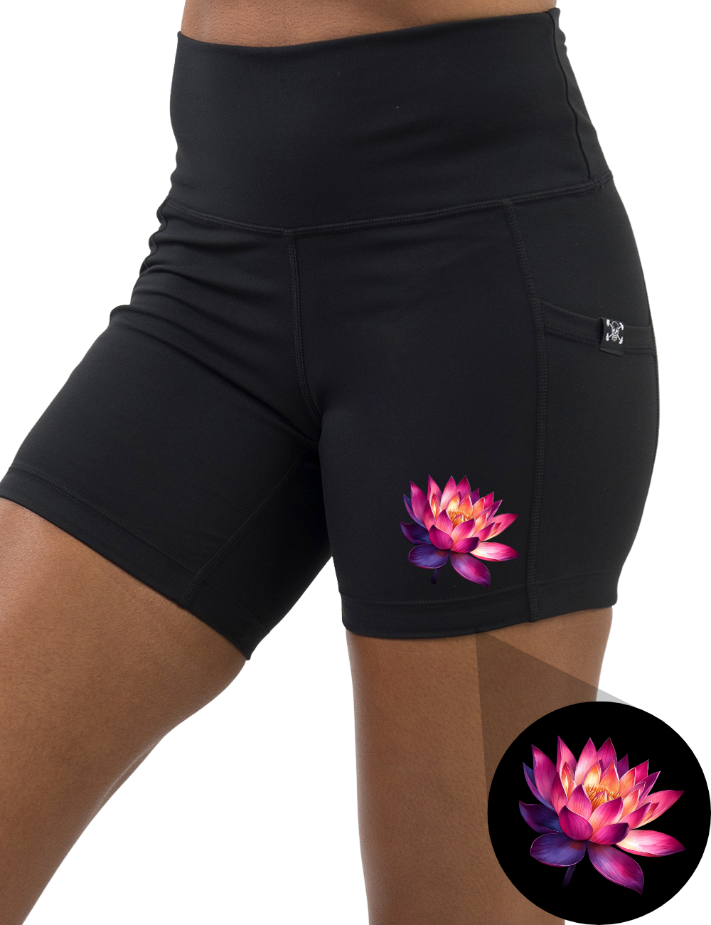 front of the lotus graphic 5 inch black shorts against a white background