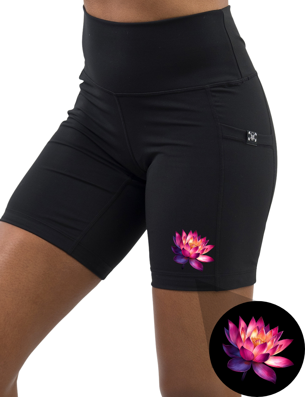 front of the lotus graphic 7 inch black shorts against a white background